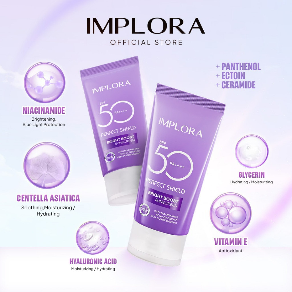 implora perfect shield bright boost sunscreen spf 50 pa++++ 25ml/tabir surya implora perfect shield bright boost sunscreen spf 50 pa++++ 25ml/tabir surya