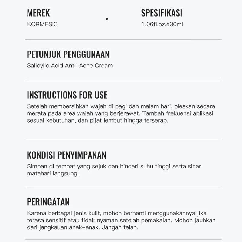 kormesic salicylic acid anti acne cream 30ml/krim jerawat kormesic salicylic acid anti acne cream 30ml/krim jerawat
