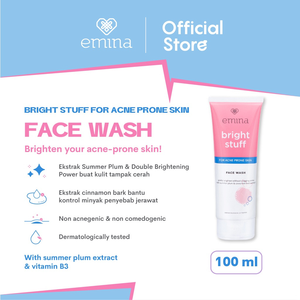 emina bright stuff prebiotic tranexamic acid brightening face wash 50ml and 100ml/pembersih wajah emina bright stuff prebiotic tranexamic acid brightening face wash 50ml and 100ml/pembersih wajah