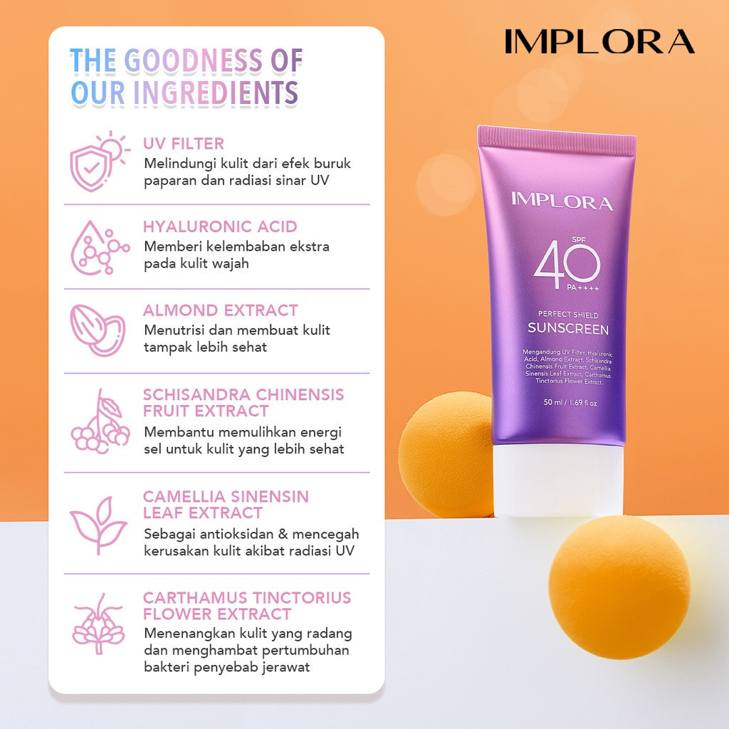 implora perfect shield sunscreen spf 40 pa+++/tabir surya implora perfect shield sunscreen spf 40 pa+++/tabir surya