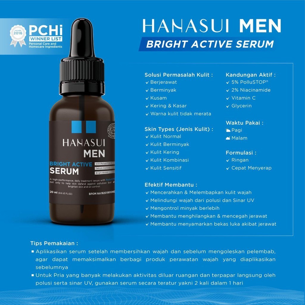 hanasui men bright active serum 20ml/serum wajah hanasui men bright active serum 20ml/serum wajah