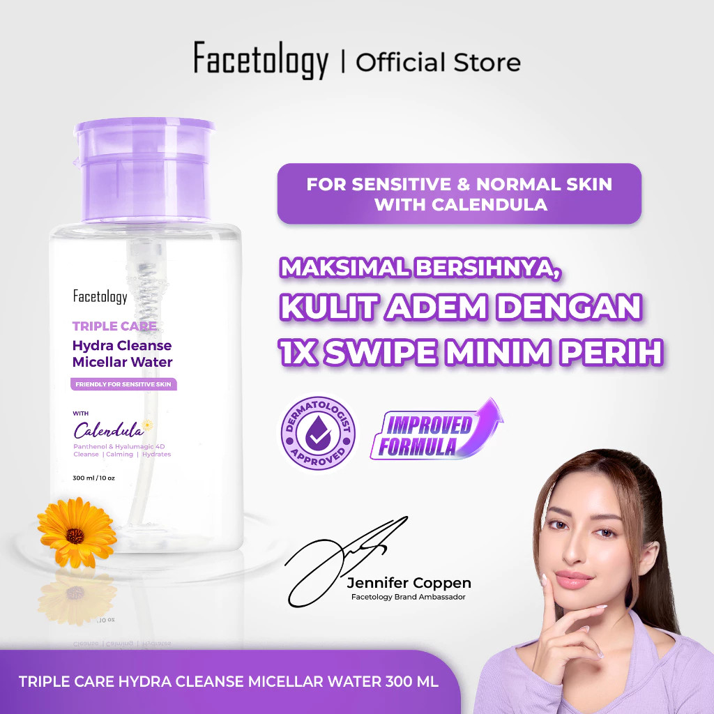 facetology triple care hydra cleanse micellar water 100ml and 300ml/pembersih make up facetology triple care hydra cleanse micellar water 100ml and 300ml/pembersih make up