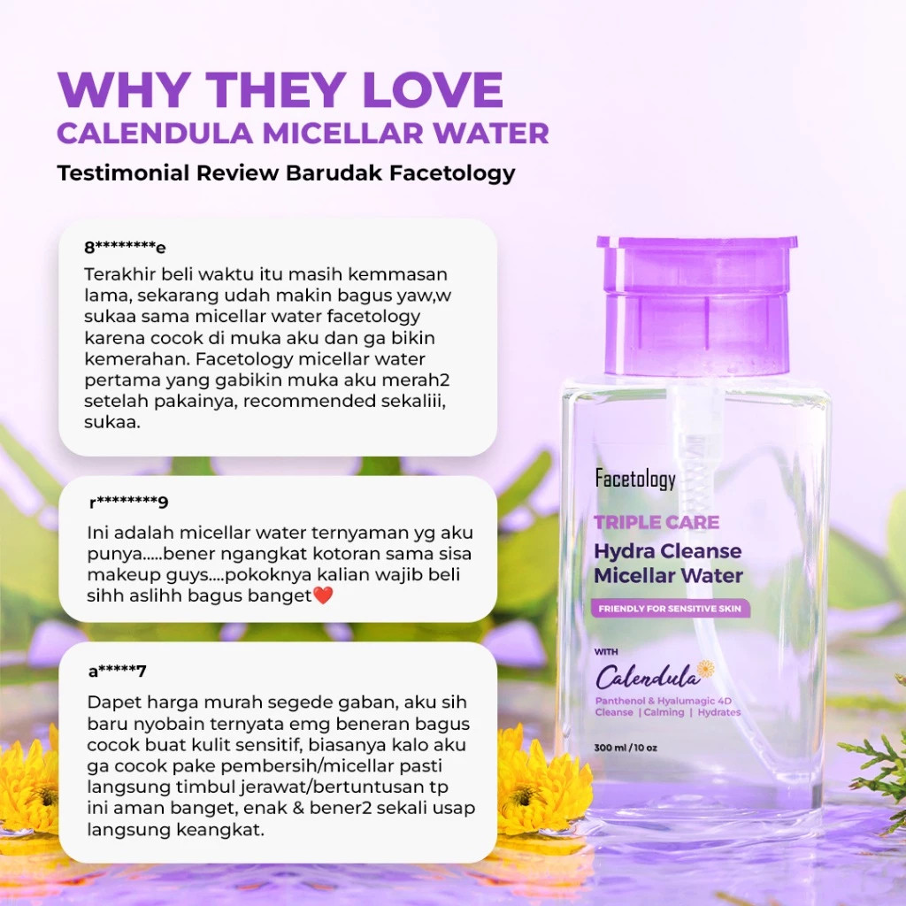 facetology triple care hydra cleanse micellar water 100ml and 300ml/pembersih make up facetology triple care hydra cleanse micellar water 100ml and 300ml/pembersih make up