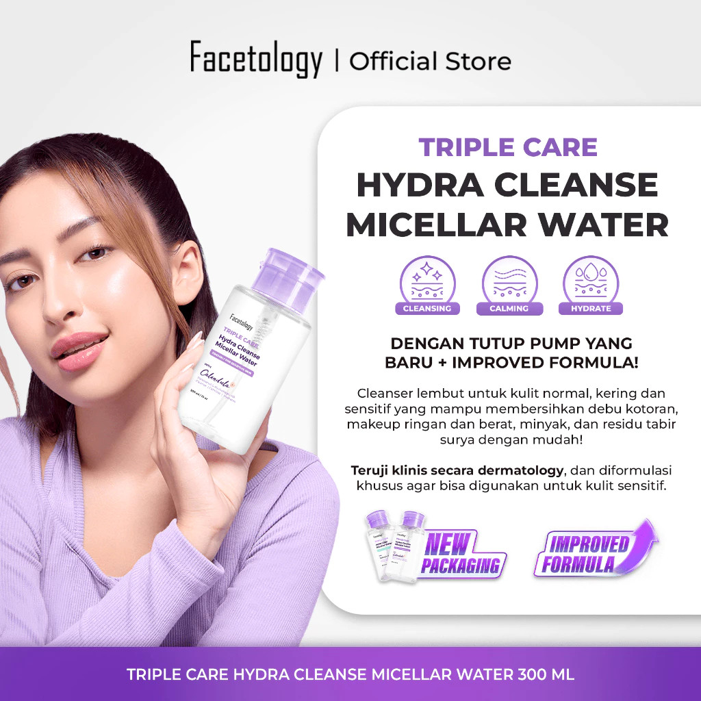 facetology triple care hydra cleanse micellar water 100ml and 300ml/pembersih make up facetology triple care hydra cleanse micellar water 100ml and 300ml/pembersih make up