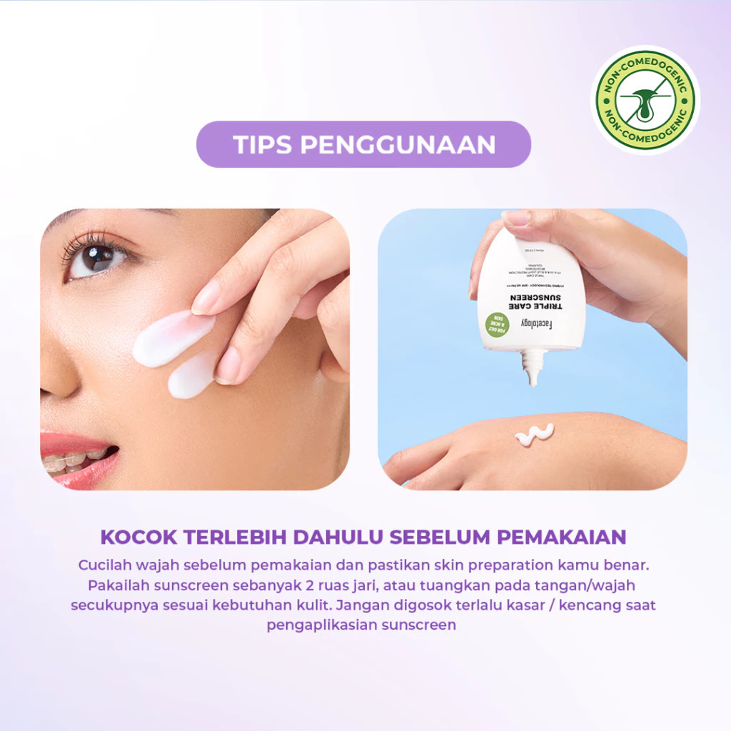 facetology triple care sunscreen for acne and oily skin spf 40 pa+++ 40ml and 100ml/tabir surya facetology triple care sunscreen for acne and oily skin spf 40 pa+++ 40ml and 100ml/tabir surya