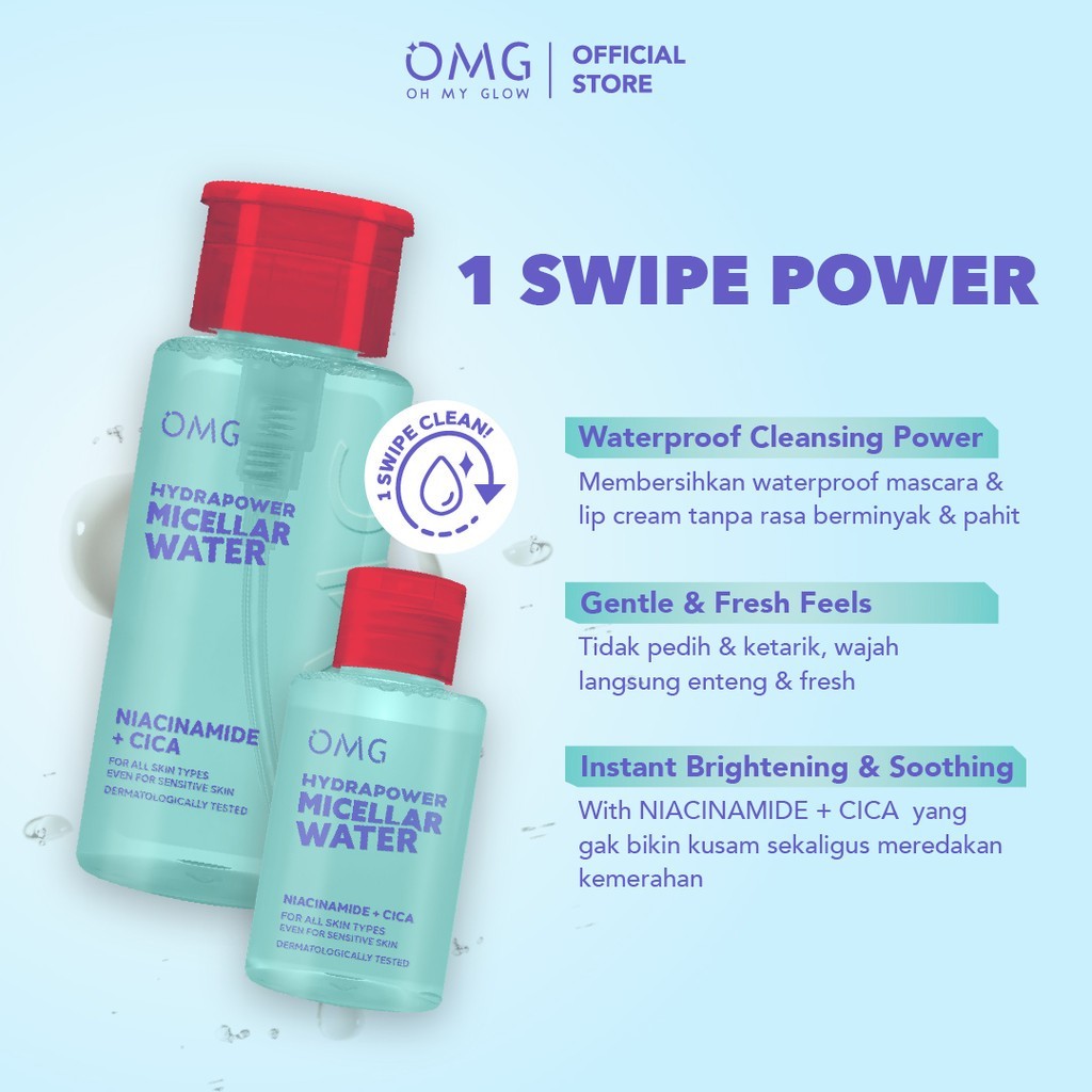 omg oh my glow hydrapower micellar water 65ml & 300ml/pembersih make up omg oh my glow hydrapower micellar water 65ml & 300ml/pembersih make up