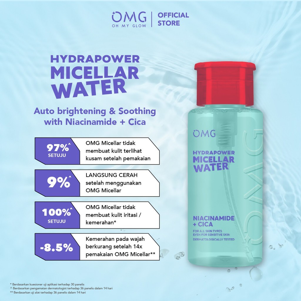 omg oh my glow hydrapower micellar water 65ml & 300ml/pembersih make up omg oh my glow hydrapower micellar water 65ml & 300ml/pembersih make up